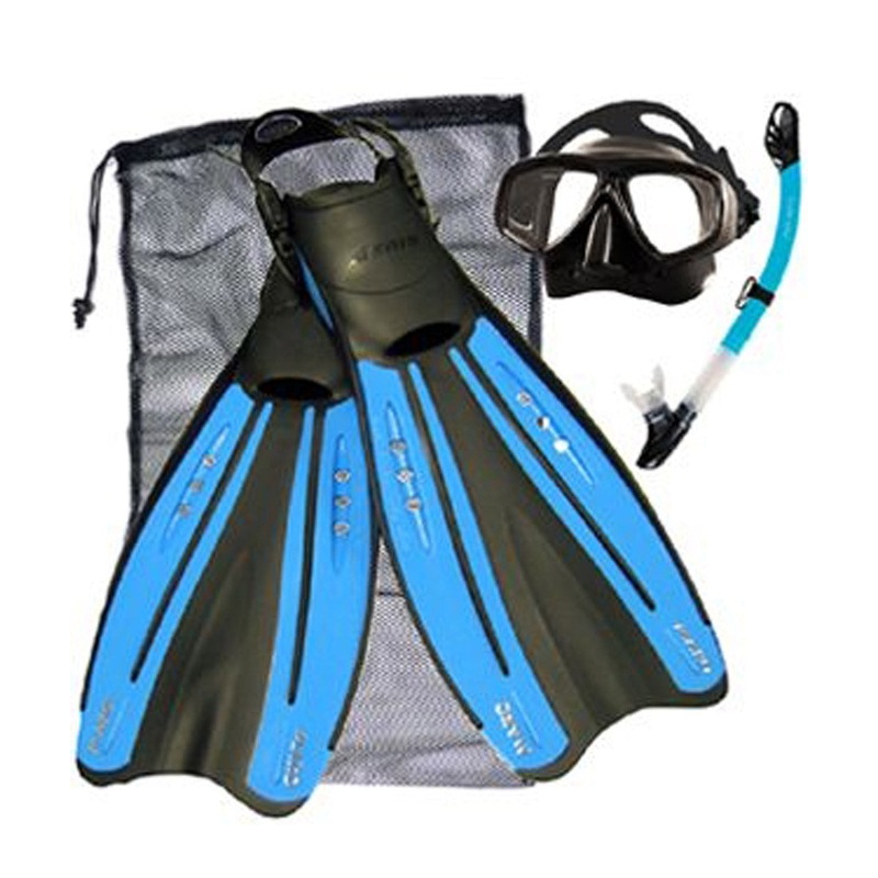Aeris Scuba Mask Snorkel Fin Package - Mako Open Heel Fin, Cuda Dry Snorkel, Octo Blue Mask Set