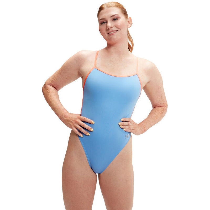 Speedo - Women's Solid VBack Swimsuit - Curious Blue/Disco Peach