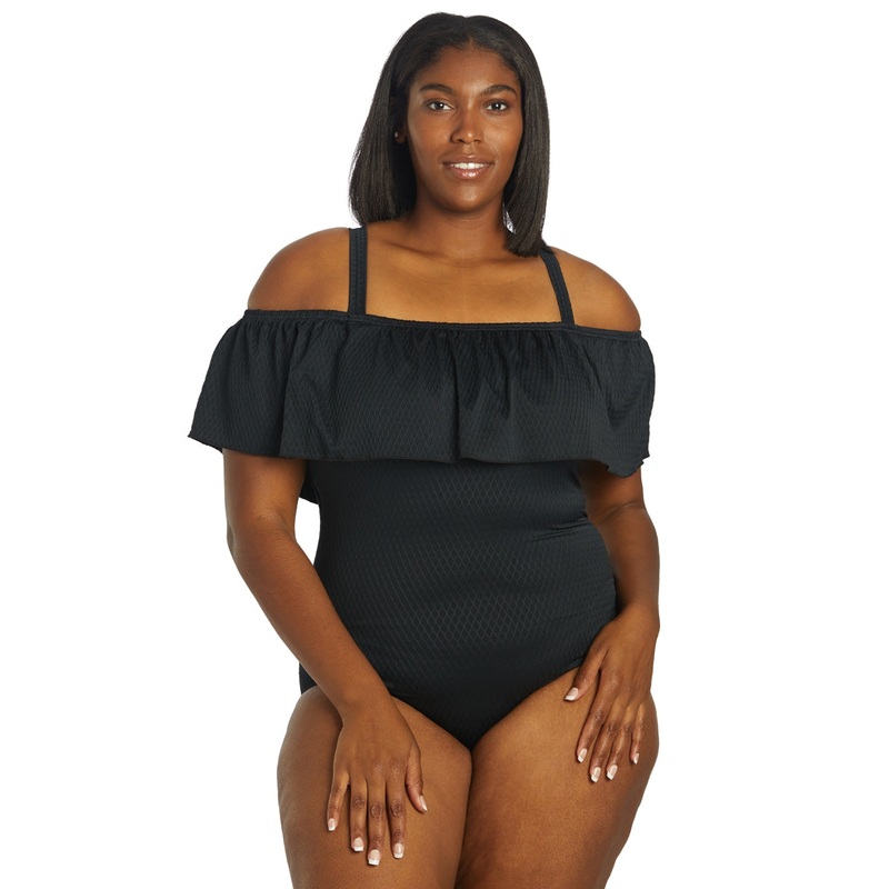 Fit4U Women's Plus Size Solid Texture Off Shoulder Tank One Piece Swmsuit