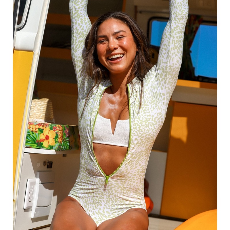 Sporti x Stef Corgel Manhattan Beach Cheetah Zip Front Long-Sleeve One Piece Swimsuit
