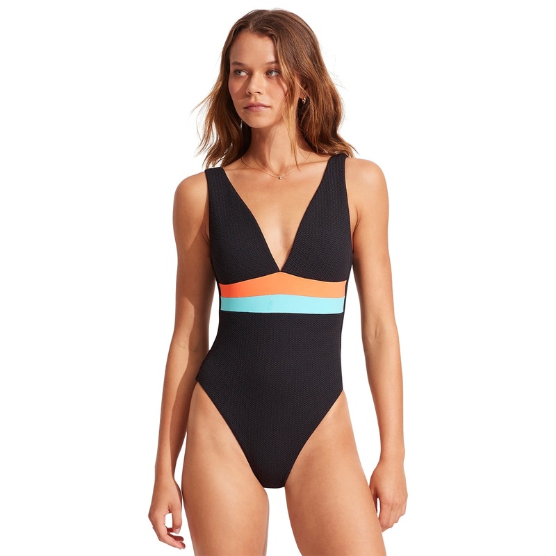 Seafolly Women's Slice Of Splice Spliced Deep V Neck One Piece Swimsuit
