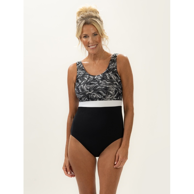 Aquashape Women's Wanderlust Color Block Moderate Scoop Back One Piece Swimsuit Oasis Print