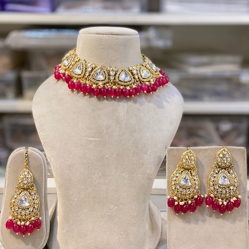Hira Collections Gold Plated Kundan Stone And Beads Necklace Set