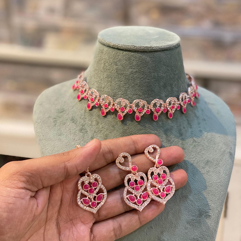 Hira Collections Rose Gold Plated Austrian Stone And Pota Stone Necklace Set