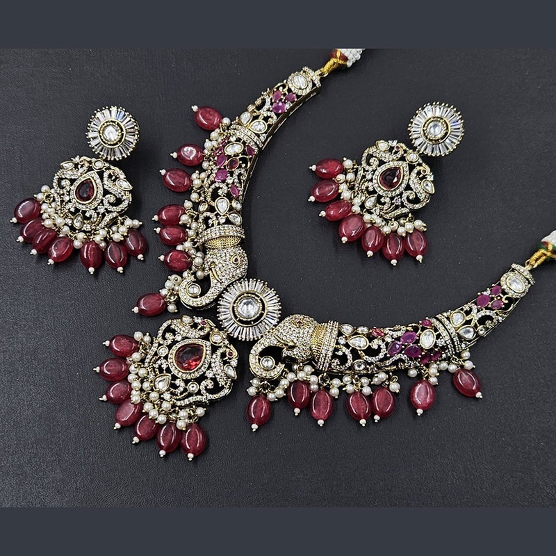 Rajwadi Collection Gold Plated American Diamond And Beads Necklace Set