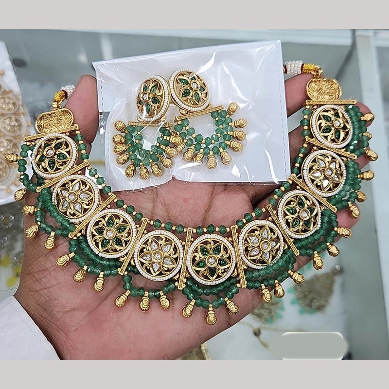 Rajwadi Collection Gold Plated Pota Stone And Pearls Necklace Set