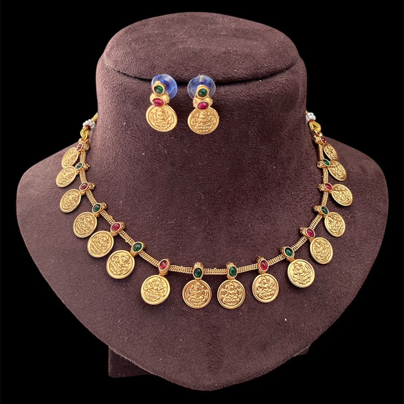Joyful Jewel Art Matte Gold Plated Pota Stone Temple Necklace Set