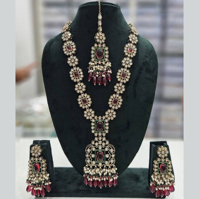 Rajwadi Collection Gold Plated Kundan Stone And Pearls Long Necklace Set