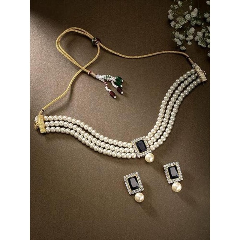 Etnico Gold Plated Pearl Choker Necklace & Earrings Set For Women (ML237B)