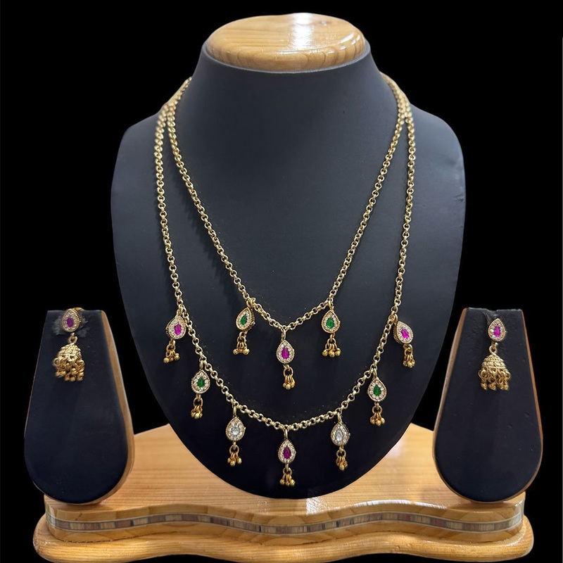 JCM Gold Plated  Pota Stone And Pearls Double Necklace Set