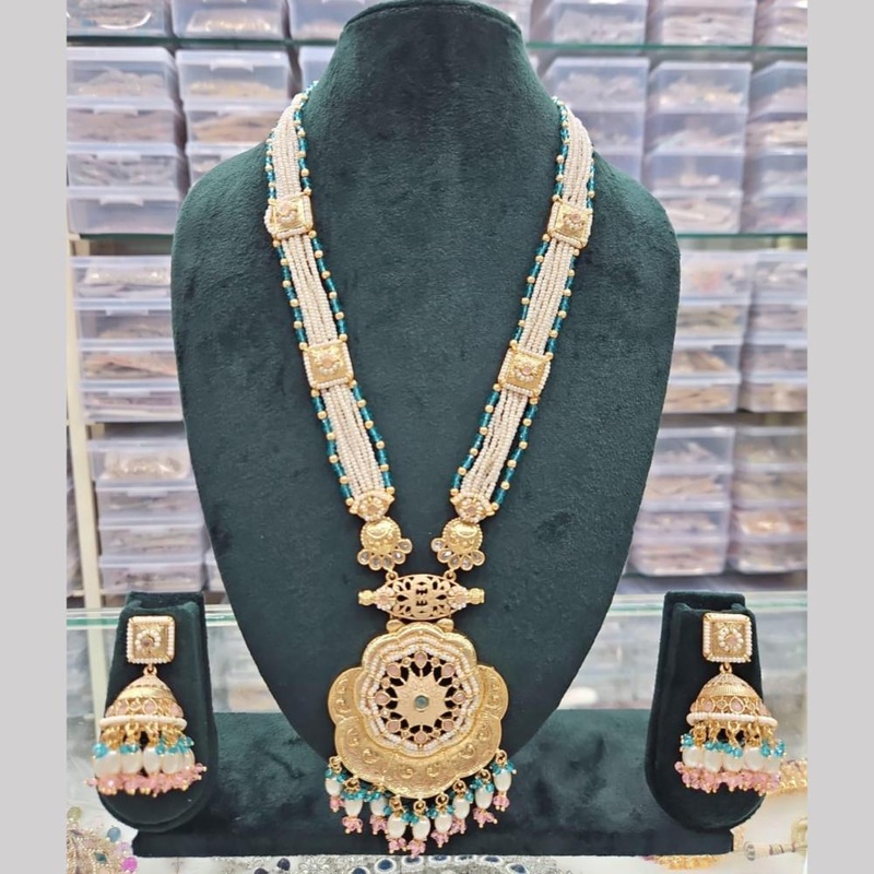 Manisha Jewellery Gold Plated Crystal Stone And Pearls Meenakari Long  Necklace Set