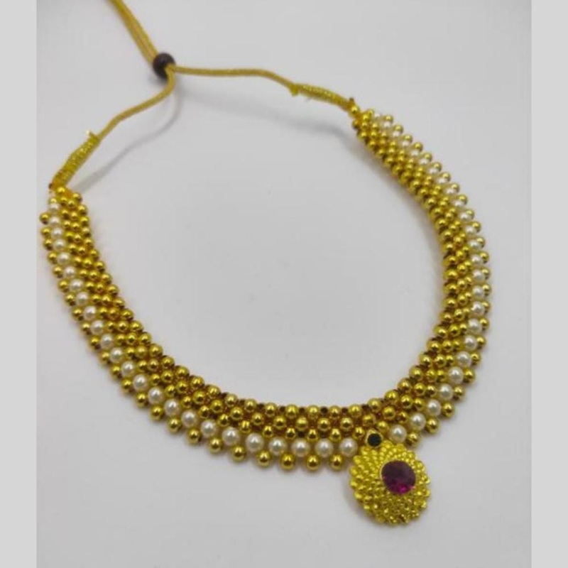 Manisha Jewellery Paithani Grace Gold Plated Pota Stone Beads And Pearl Choker Necklace / Thushi