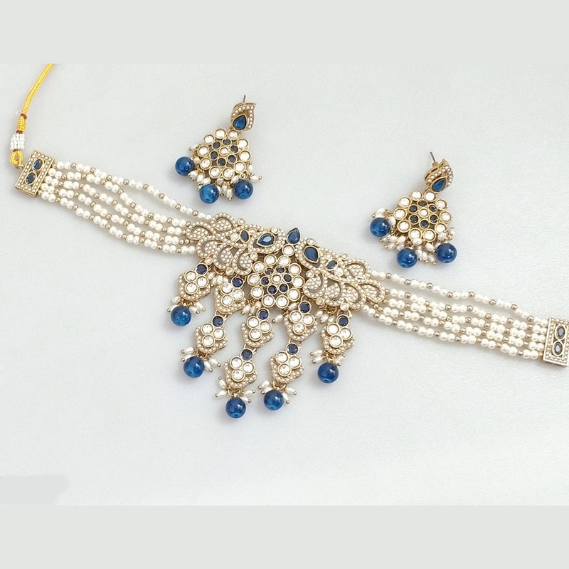 Rajwadi Collection Gold-Plated Embellished with Crystal Stones & Beads Choker Necklace Set