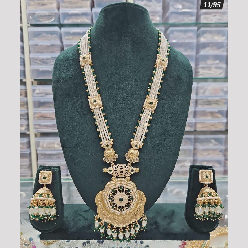 Rajwadi Collection Gold Plated Pota Stone And Pearls Long Necklace Set