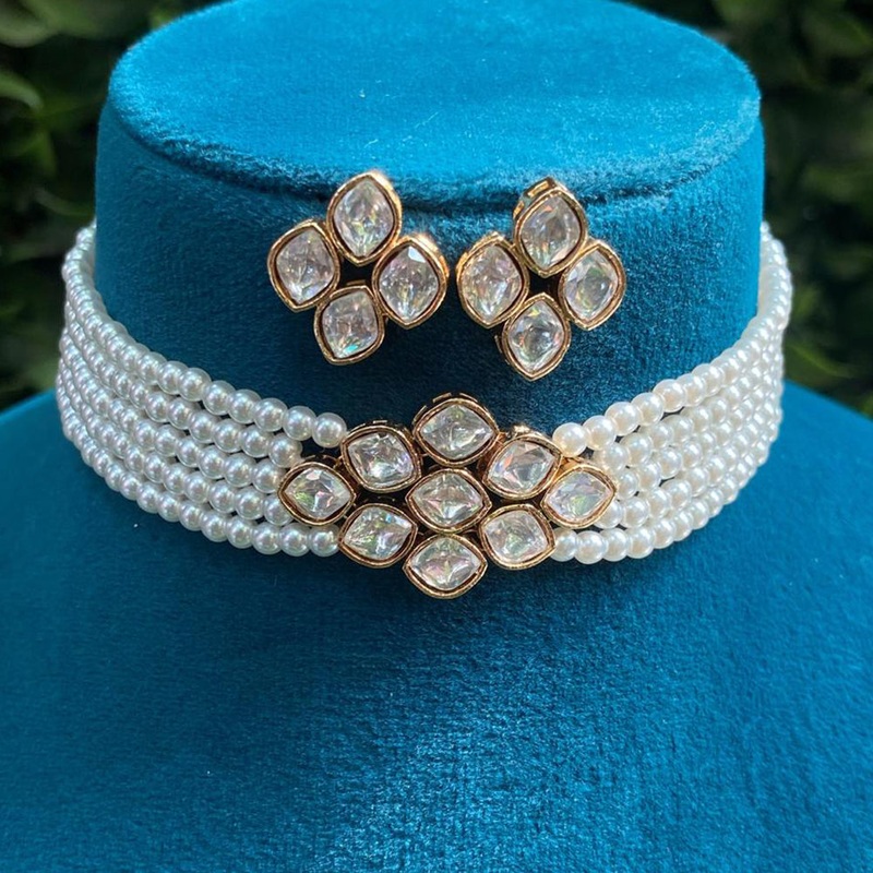Royal Kundan Jewellery Designer Gold Plated Polki Kundan And Pearl Choker Necklace Set