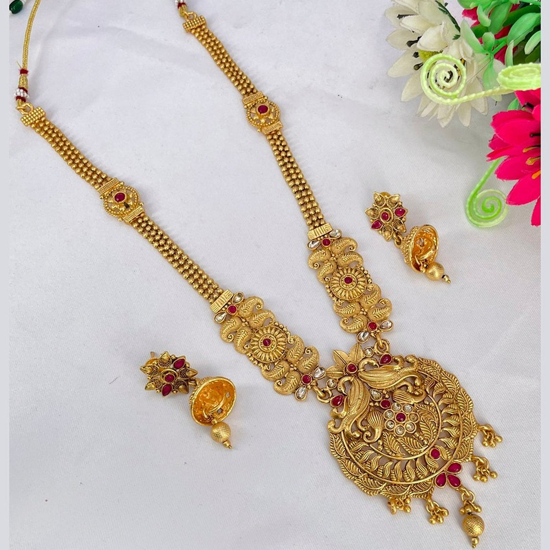 India Art Gold Plated Pota Stone Long Haram Necklace Set