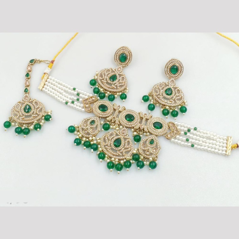 Rajwadi Collection Gold Plated Crystal Stone And Beads Choker Necklace Set