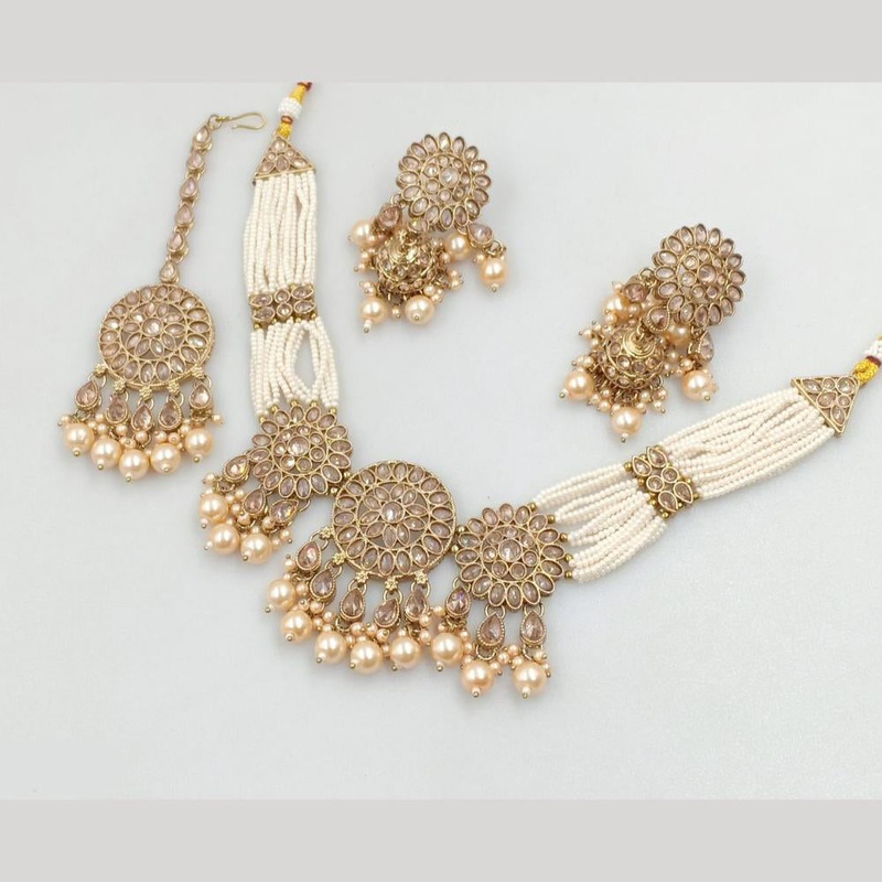 Rajwadi Collection Gold Plated Crystal Stone And Pearl Choker Necklace Set
