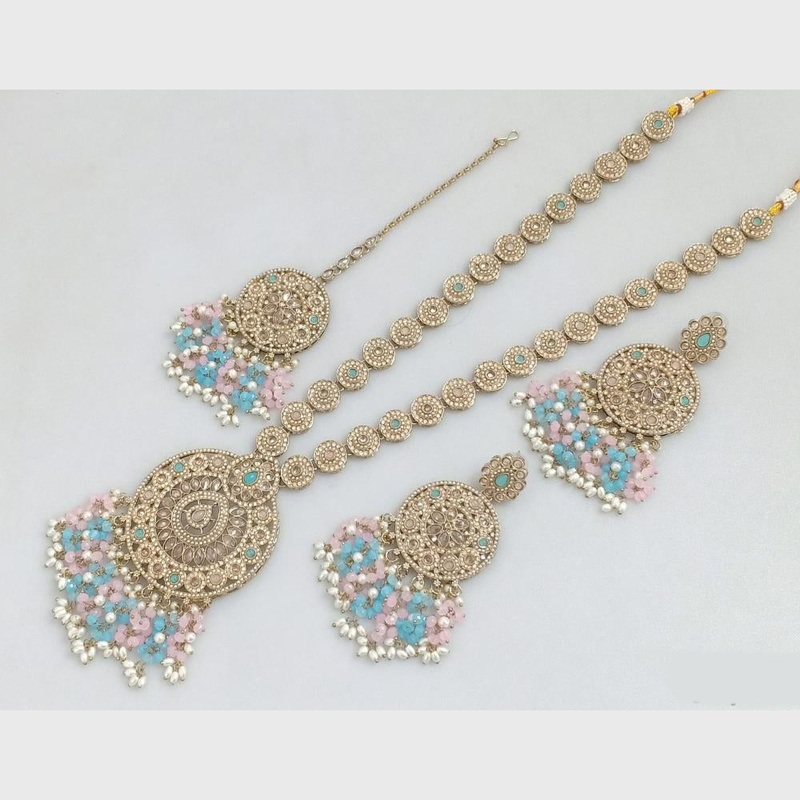 Rajwadi Collection Gold Plated Crystal Stone Pearl And Beads Long Necklace Set