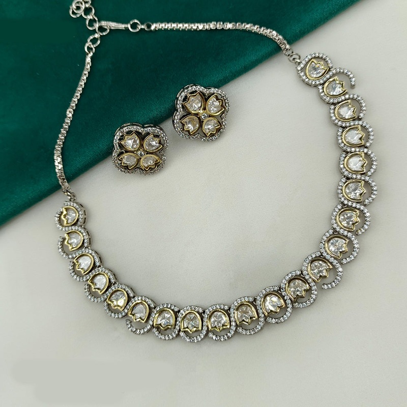 Royal Kundan Jewellery 2 Tone Plated Polki Kundan Necklace Set