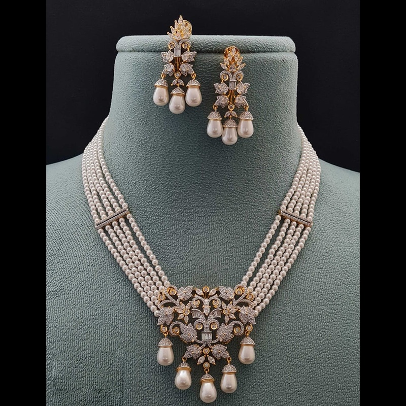 Vivah Creations 2 Tone Plated American Diamond And Pearls Necklace Set