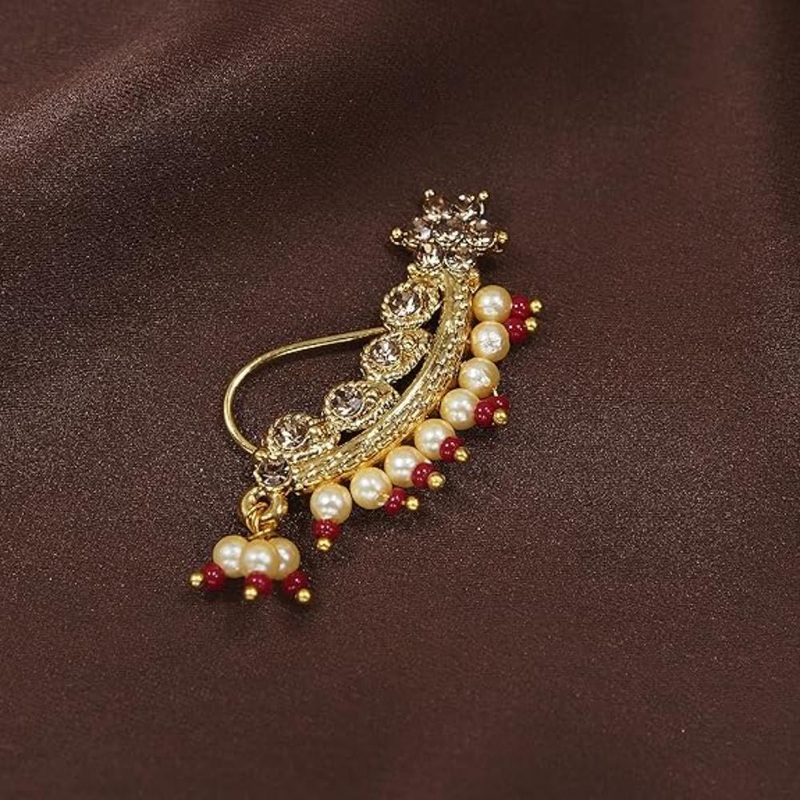 Etnico 18k Gold Plated Traditional Ethnic Bridal Maharashtrian Nose Ring/Nath without piercing Encased with Pearl Stone for Women/Girls (NL45M)