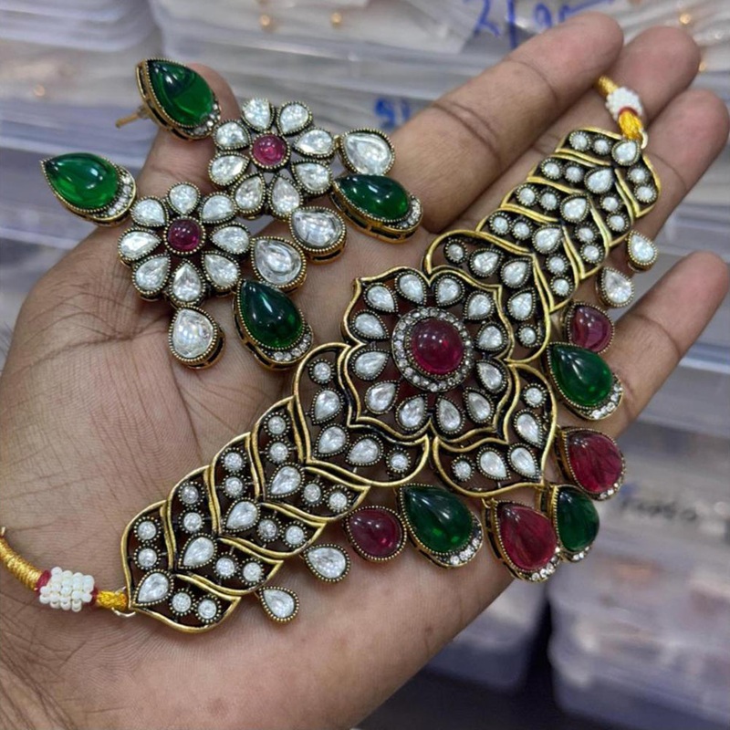 JCM Gold Plated Kundan And Pota Stone Necklace Set
