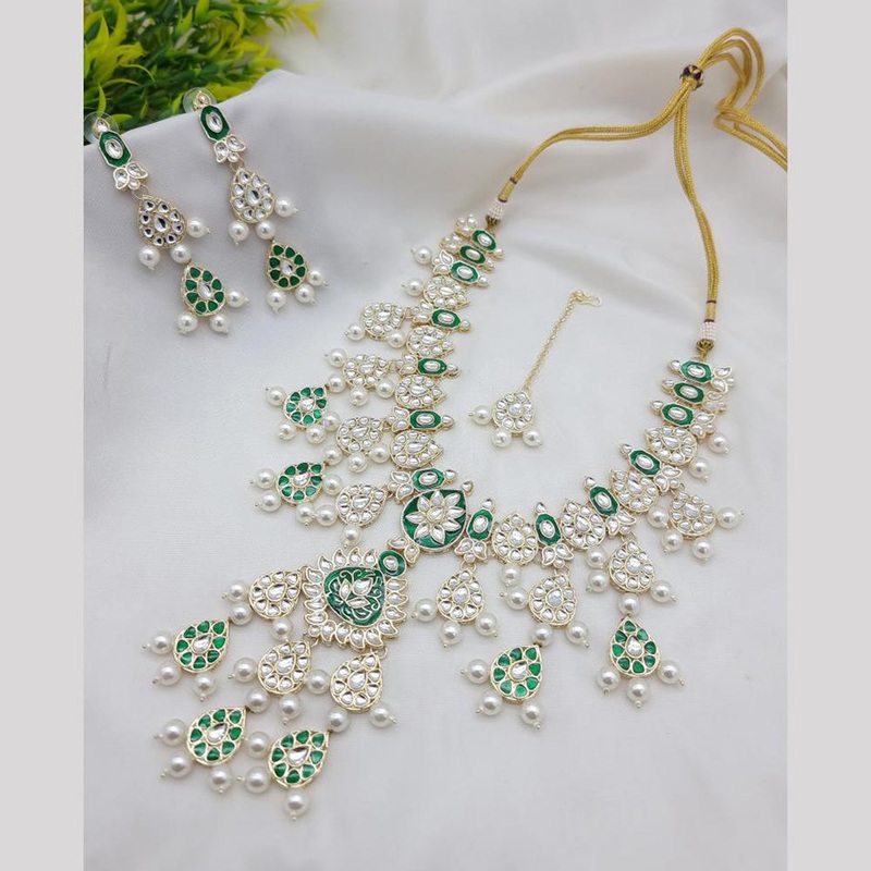 JCM Gold Plated Kundan Stone And Pearls Meenakari  Necklace Set