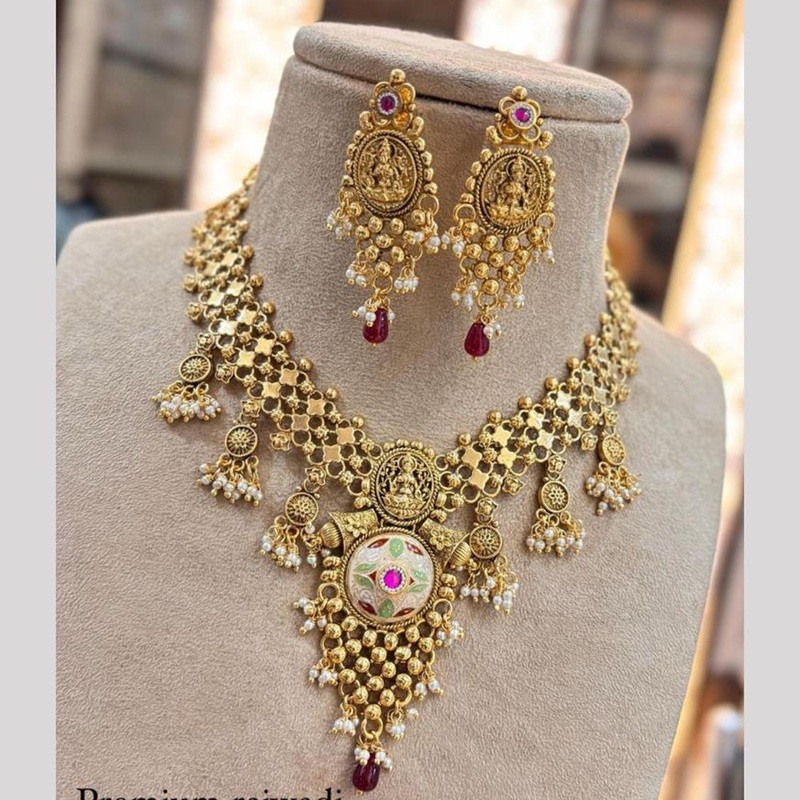 Jewel Addiction Gold Plated Pota Stone And Pearls Meenakari Temple Necklace Set