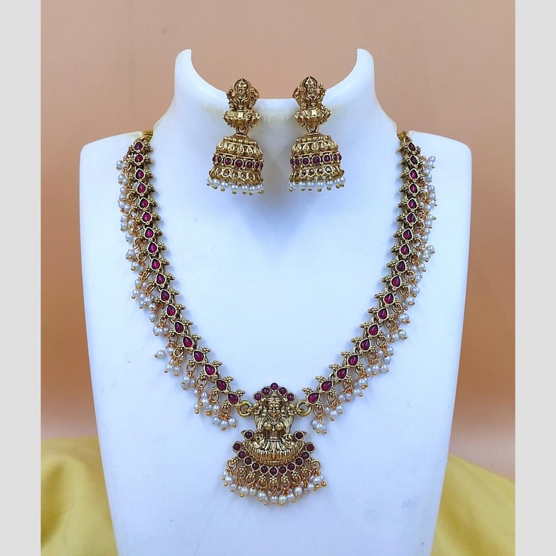 Joyful Jewel Art Matte Gold Plated Pota Stone And Pearl Temple Necklace Set