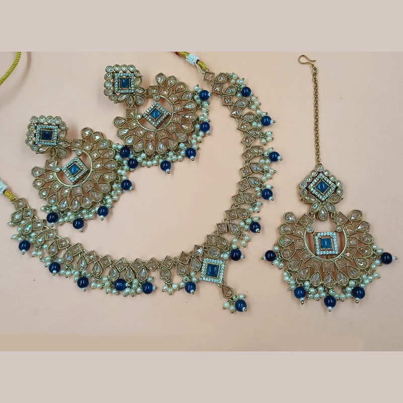 NAFJ Mehndi Plated Crystal Stone And Pearl  Necklace Set