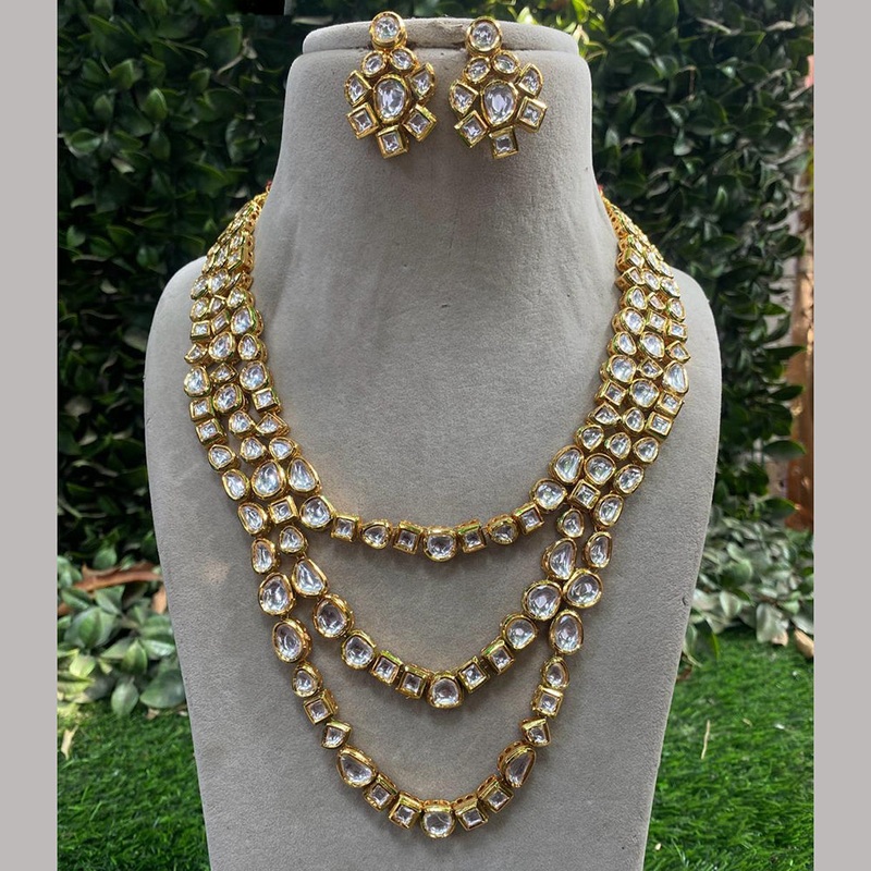 Royal Kundan Jewellery Gold Plated Kundan Stone Multi Layer Long Necklace Set