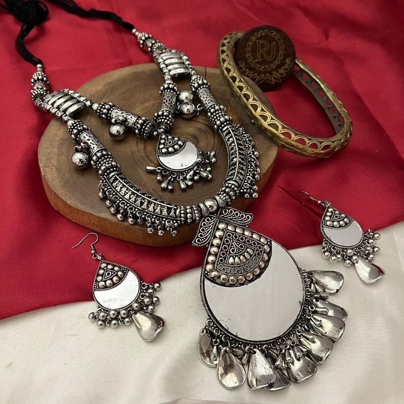 FS Collection Oxidised Plated Mirror Necklace Set