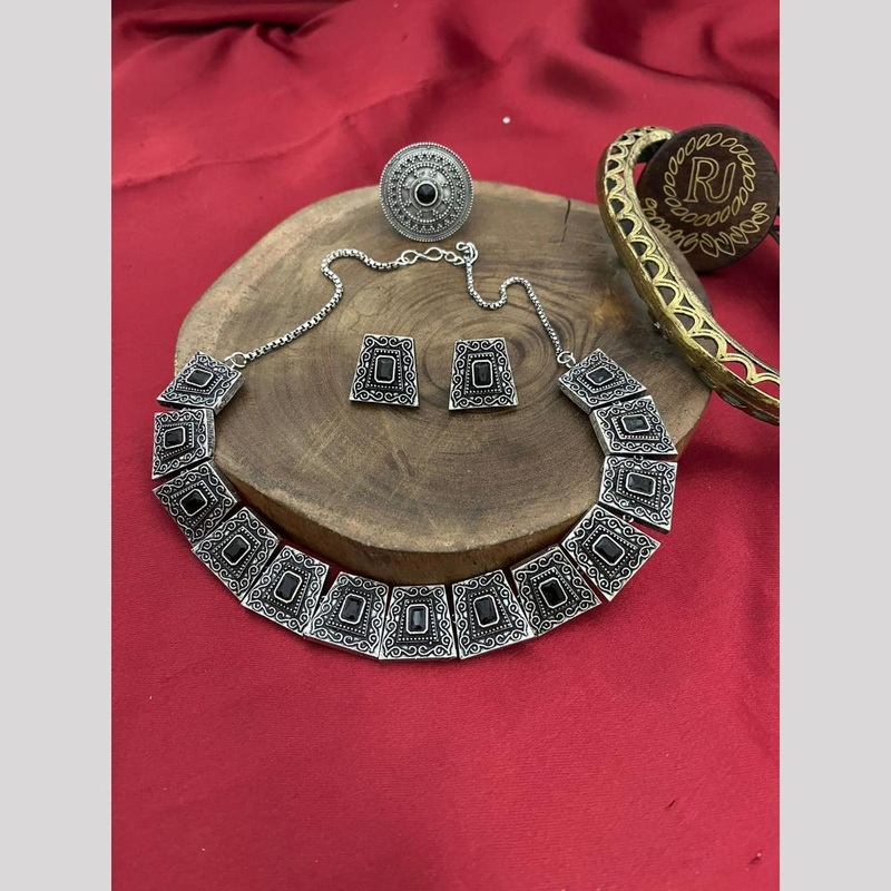 FS Collection Oxidised Plated Pota Stone Necklace Set Regular price