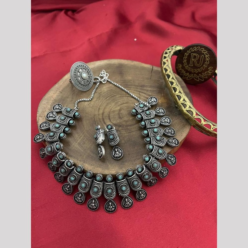 FS Collection Oxidised Plated Pota Stone Temple Necklace Set