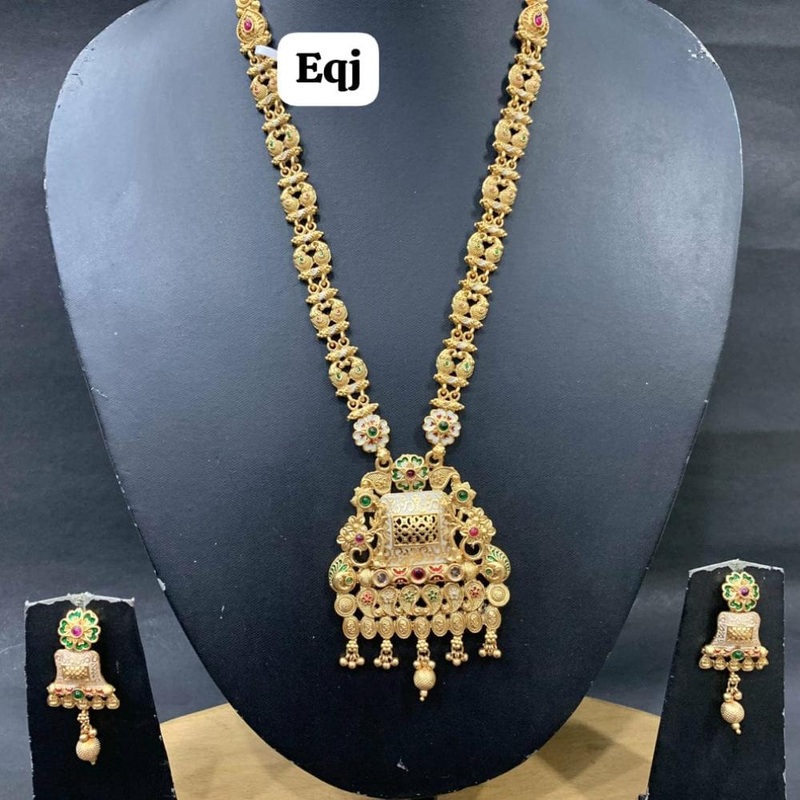 Everlasting Quality Jewels Gold Plated Pota Stone And Meenakari Long Necklace Set