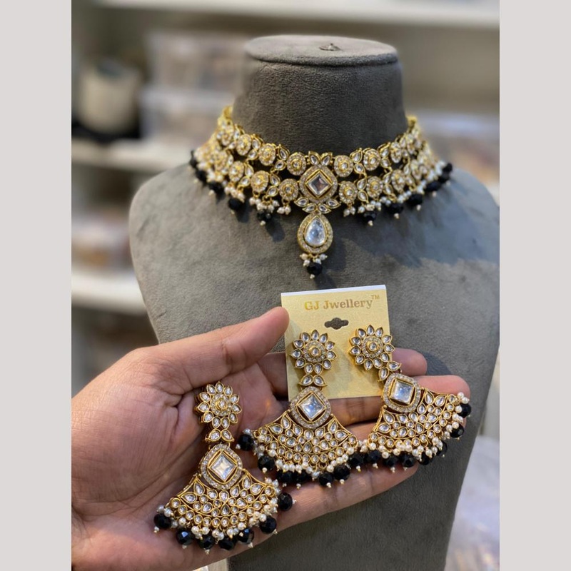 Hira Collection Gold Plated Kundan Stone And Beads Choker Necklace Set