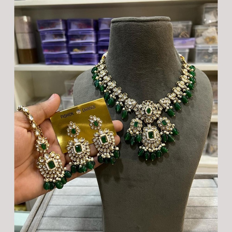 Hira Collection Gold Plated Kundan Stone And Beads Necklace Set