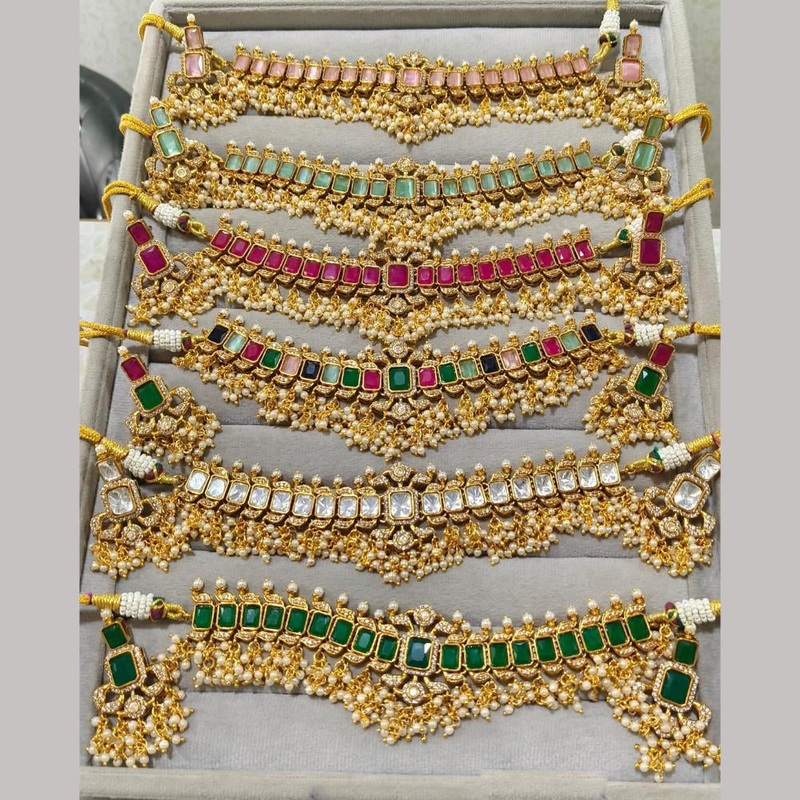JCM Gold Plated Crystal Stone And Pearl Choker Necklace Set