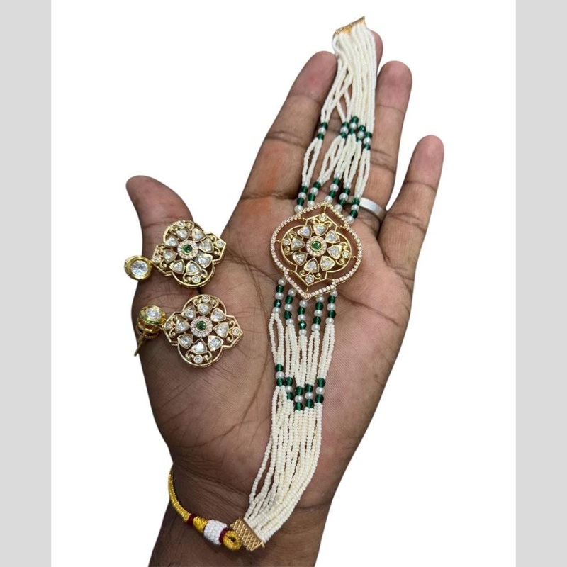 JCM Gold Plated Polki Kundan Stone And Pearl Choker Necklace Set