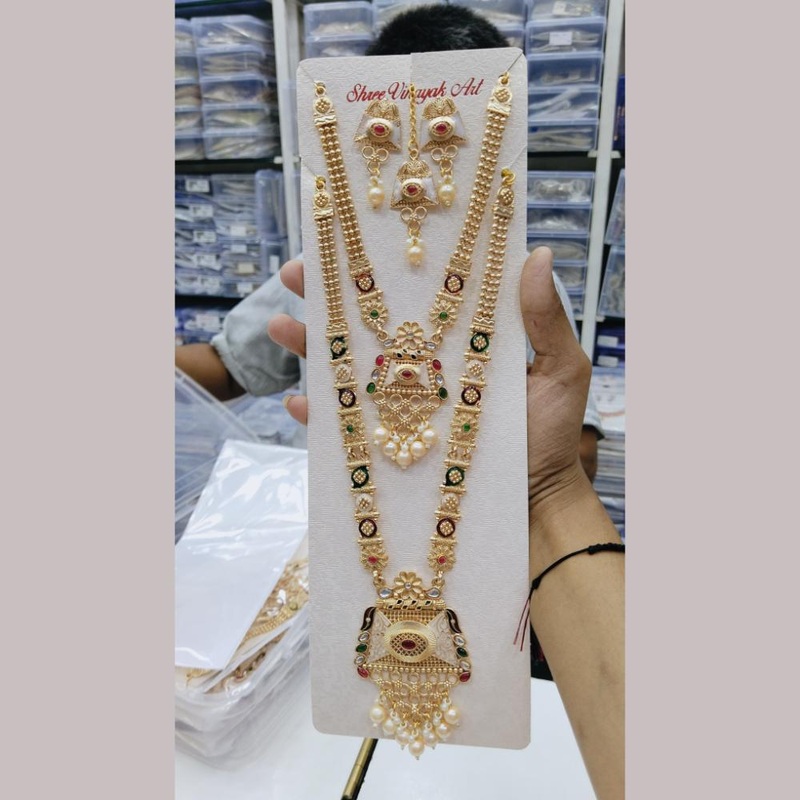 Manisha Jewellery Gold Plated Kundan Stone And Pearls Meenakari Double Necklace Set