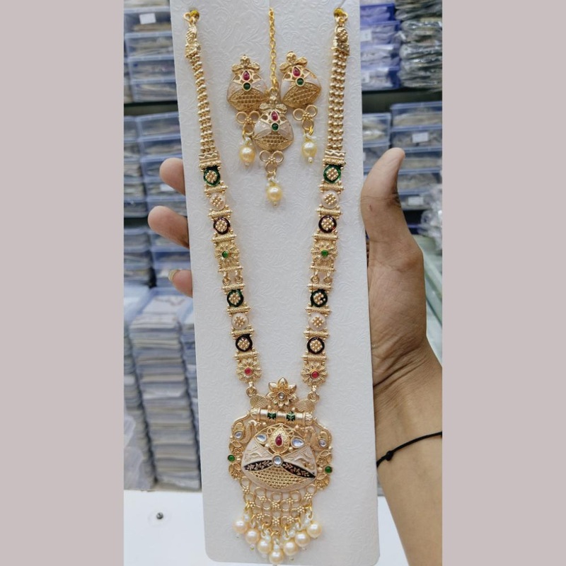 Manisha Jewellery Gold Plated Kundan Stone And Pearls Meenakari Long Necklace Set