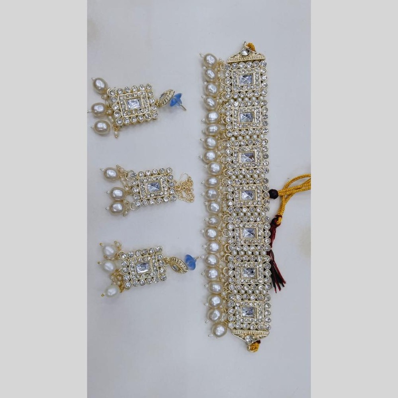 Manisha Jewellery Gold Plated Royal Crystal Stone & Pearl Bride Choker Necklace Set
