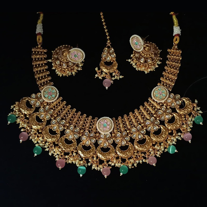 NAFJ Gold Plated Crystal Stone And Pearl Meenakari Necklace Set