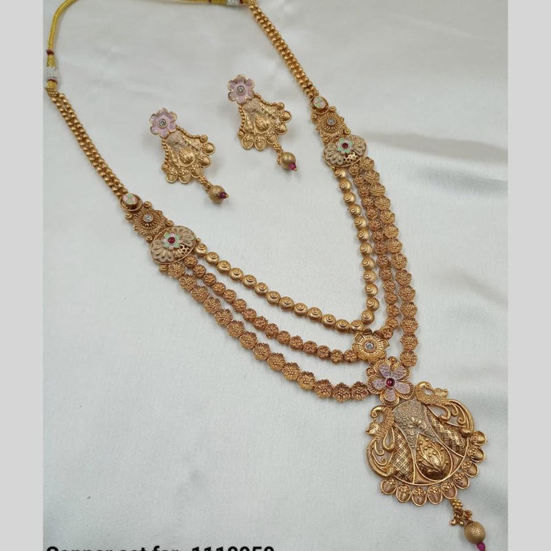 NAFJ Gold Plated Pota And Meenakari Work Multi-Layer Traditional Ethnic Jewelry Long Necklace Set
