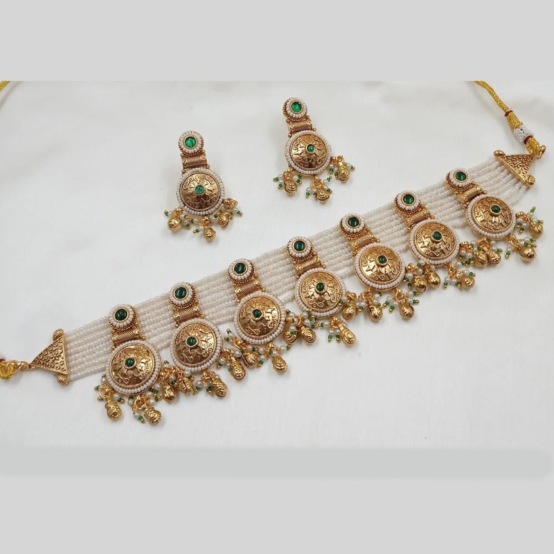 NAFJ Gold Plated Premium Ethnic Pota Stones and Pearls Ideal for Weddings and Celebrations Choker Necklace Set