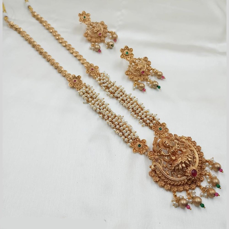 NAFJ Gold Plated Traditional Indian Pota Stones And Beads  Long Necklace Set