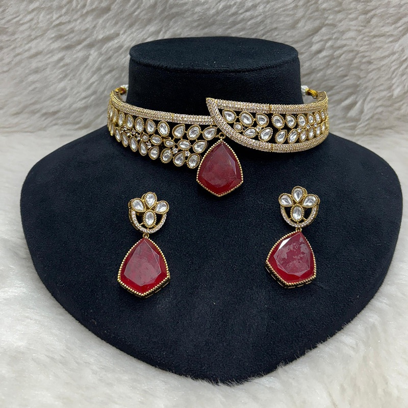FS Collection Gold Plated Kundan Stone Choker Necklace Set