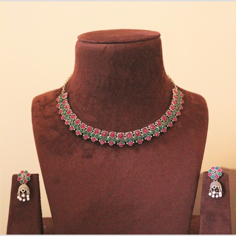 H K Fashion Oxidised Plated Pota Stone And Pearl Necklace Set