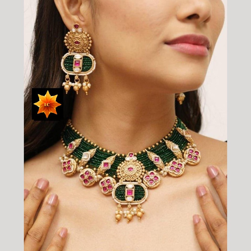 Lalita Creation Gold Plated Pota Stone And Beads Necklace Set